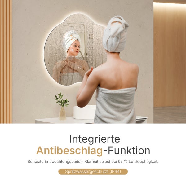 EMKE LED Badspiegel 50 x 60 cm, asymmetrisches Design, Hintergrundbeleuchtung, 3 Farbtemperaturen, dimmbar, Anti-Beschlag, rostfreier Spiegel, flexibel montierbar, IP44, für Badezimmer & Schlafzimmer geeignet
