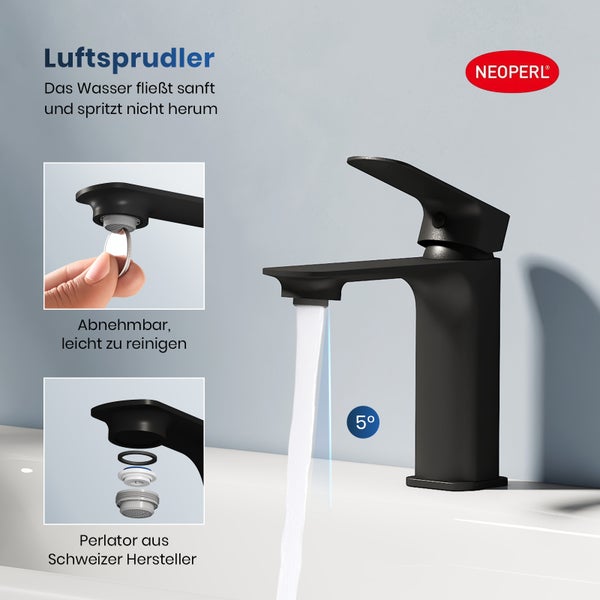 Schwarze Waschtischarmatur mit Luftsprudler und Neoperl Logo