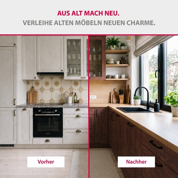 Vorher-Nachher-Vergleich einer Küchenrenovierung: links helle Landhausküche, rechts moderne Küche mit dunklen Holzfronten und Holzarbeitsplatte.