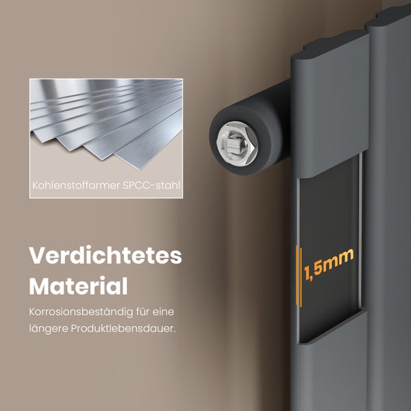 Detailansicht eines Heizkörpers aus korrosionsbeständigem SPCC Stahl mit einer Materialstärke von 1,5 mm.