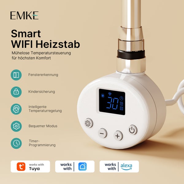 EMKE Smart WLAN Heizstab mit Temperaturregelung und verschiedenen Funktionen wie Fenstererkennung, Kindersicherung und Timer Programmierung