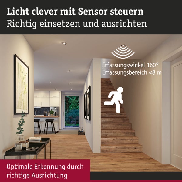 Szene eines modernen Innenraums mit Sensor gesteuerter Beleuchtung zur optimalen Erkennung durch richtige Ausrichtung. Erfassungswinkel 160 Grad, Erfassungsbereich unter 8 Meter.
