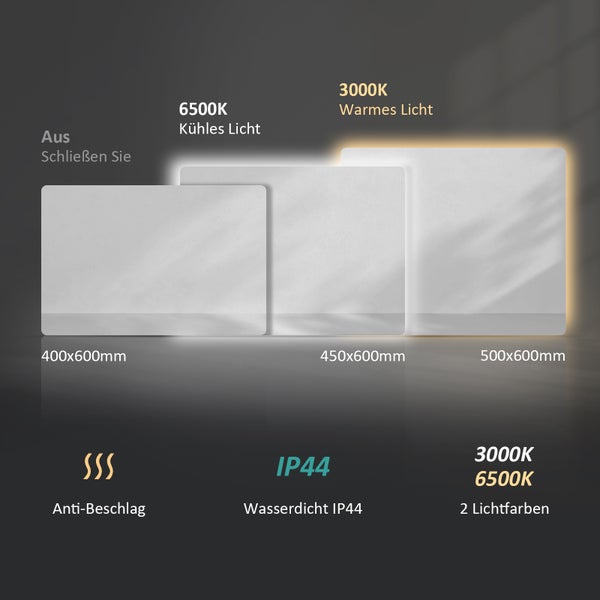 Drei LED Spiegel in verschiedenen Größen mit unterschiedlichen Lichtfarben und IP44 Wasserdichtigkeit