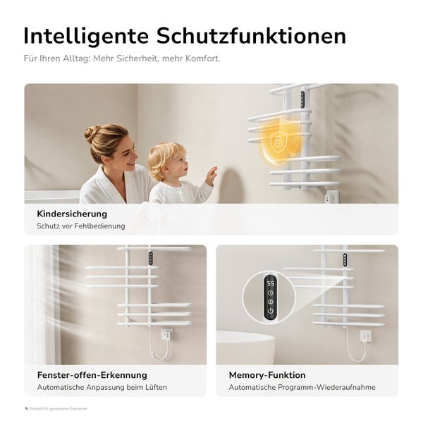 Infografik zeigt intelligente Schutzfunktionen eines Handtuchheizkörpers wie Kindersicherung, Fenster offen Erkennung und Memory Funktion.