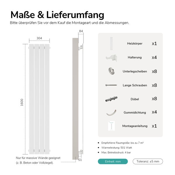 Maßzeichnung und Lieferumfang für vertikalen Designheizkörper inklusive Montagezubehör und technischen Details wie Leistung und Raumgröße.