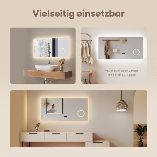 EMKE Smart LED Badspiegel 100x60 cm, 3 Farbtemperaturen, dimmbar, Touch, Anti-Beschlag, 3x Vergrößerung, Bluetooth 3-Tasten, horizontal, IP44, für Bad