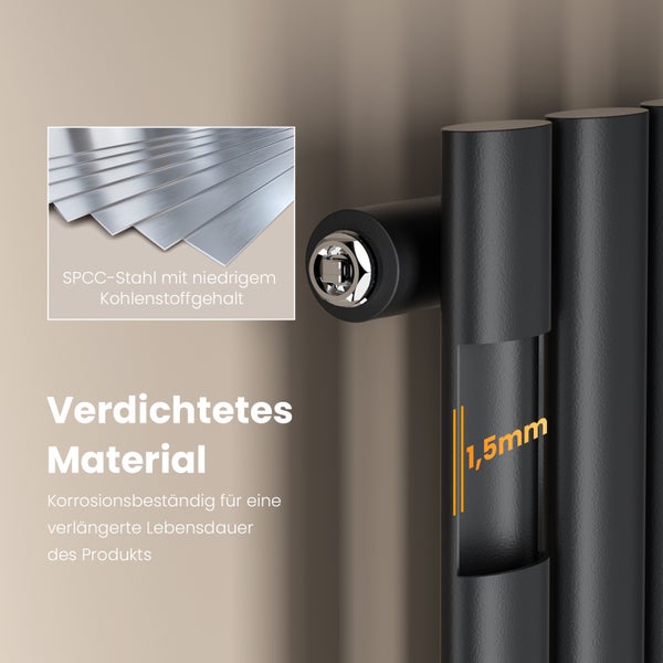 EMKE Badheizkörper 600×240 mm, Designheizkörper, Vertikal, Einzelrohr oval, 177W, Matt Schwarz, für Warmwasserbetrieb, für Bad, Zentralanschluss