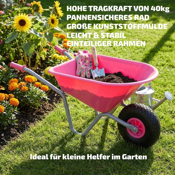 Kinder-Schubkarre aus Kunststoff in Rosa mit einteiligem Metallrahmen, pannensicherem Rad und 40 Kilogramm Tragkraft in einem Garten.