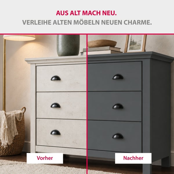 Vorher-Nachher-Vergleich einer Kommode: Die Renovierung zeigt den Wandel von einer hellen, strukturierten Optik zu einem dunkelgrauen Anstrich.