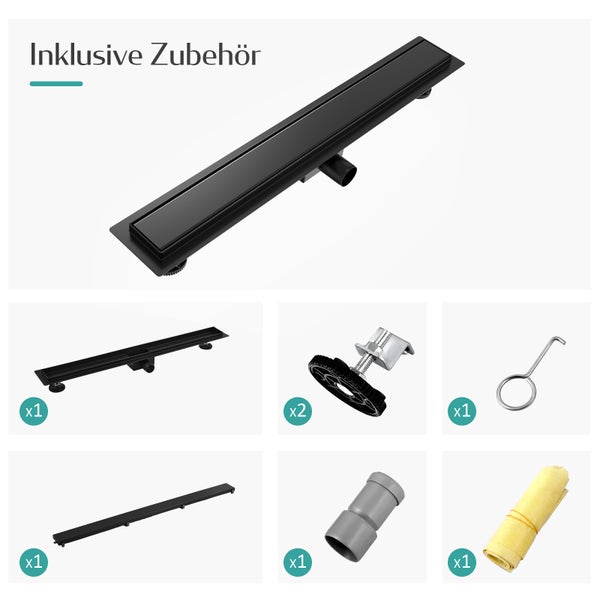 EMKE Duschrinne Edelstahl 2-in-1 Komplettse, 600mm, Befliesbar, Extra Flach, Schwarz mit Haarsieb und Siphon - Standardgröße Adapter 40/50mm, Einbauhöhe 77-96mm, Wasserdurchfluss 30L/Min.