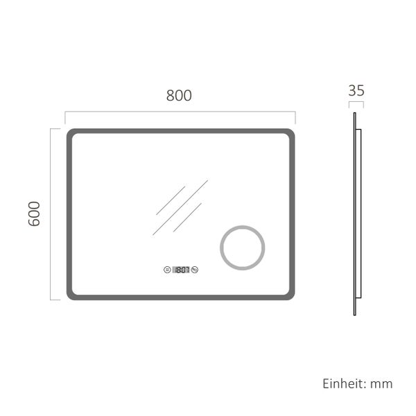 Maßzeichnung eines rechteckigen LED-Badspiegels, 800 Millimeter breit, 600 Millimeter hoch, 35 Millimeter tief, mit Digitaluhr und Kosmetikspiegel.