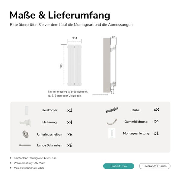 Technische Zeichnung mit Maßangaben und Lieferumfang für einen Designheizkörper inklusive Montagematerial und Installationsanleitung.