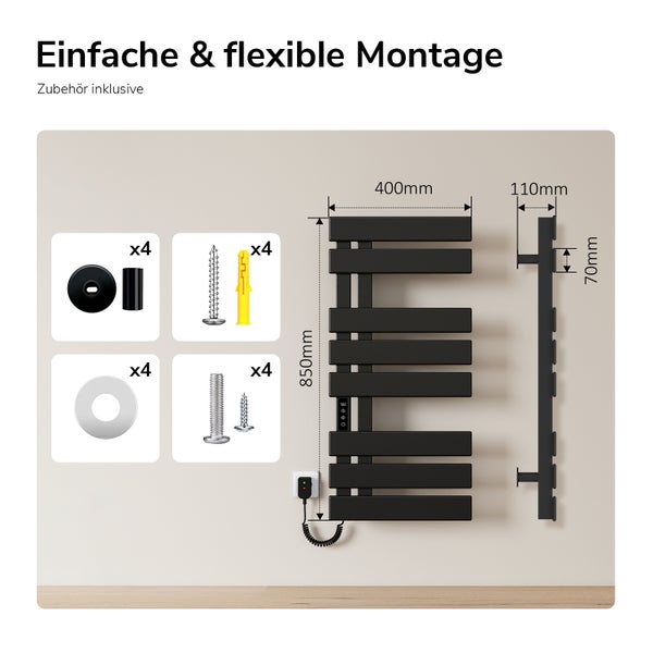 Badheizkörper mit Maßen 850 Millimeter mal 400 Millimeter und Zubehör für die Montage wie Schrauben, Dübel und Halterungen.