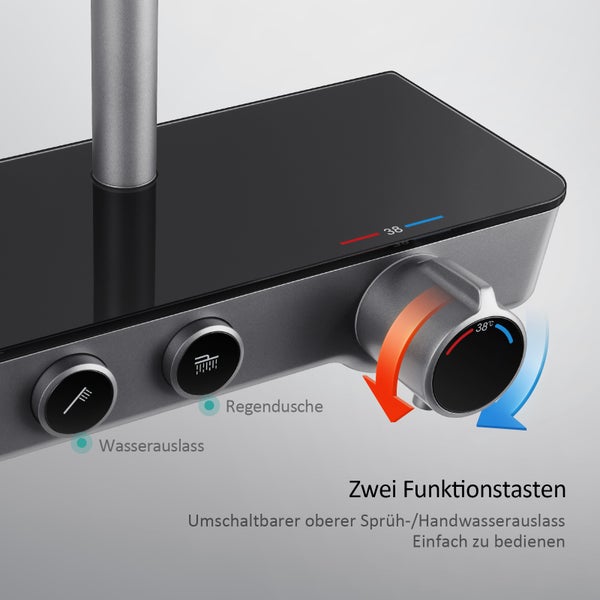 EMKE Duschsystem mit Thermostat, Handbrause mit 3 Strahlstärken, Wasserfall-Auslauf, Duschsäuleset Duschgarnitur mit glasablage, KTW Zertifizieren, Anthrazit Matt