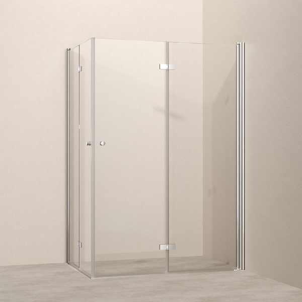 Eckdusche mit klaren Glasscheiben und silberfarbenen Beschlägen