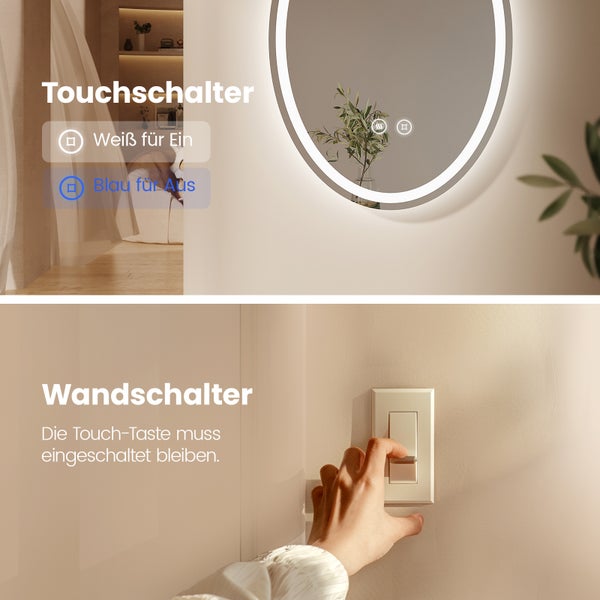 EMKE LED Badspiegel 50x70 cm, Touch-Schalter, 3 Farbtemperaturen einstellbar, Anti-Beschlag, flexible Montage, IP44, ovaler Spiegel, für Badezimmer