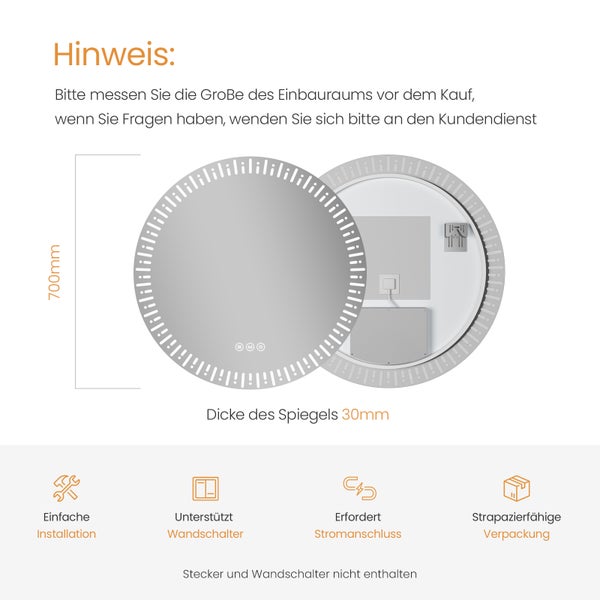 Illustration eines runden Spiegels mit den Maßen 700 Millimeter mal 30 Millimeter und Hinweisen zu Installation und Stromanschluss