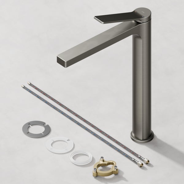 Emke Einhebel-Waschtischarmatur, Badarmaturen, Waschbecken Armatur - Schweizer Design, Minimalistisches Design，3/8 Zoll, Wassersparend, Korrosionsschutz, Warm- & Kaltwasser, Bleifreies Messing, Pflegeleicht -Anthrazit