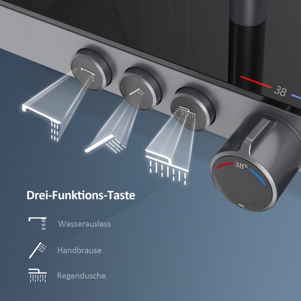 EMKE Duschsystem mit Thermostat 38 °C, 3 Strahlart(en), Überkopfbrause, Handbrause mit 3 Funktionen, unterer Wasserauslass, Verbrühungsschutz, Wandmontage, 114,6 × 45 × 48 cm, Anthrazit Matt