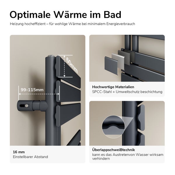 Detailansicht eines Badezimmerheizkörpers mit Maßangaben und Materialinformationen