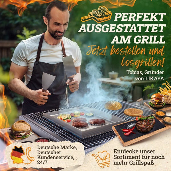 LIKAYA Plancha Edelstahl Grillplatte [ohne Loch - 30x40cm] – Verzugsfreier 4mm Edelstahl inkl 2x Grillspachtel mit FSC-Akazienholzgriff – Perfekt für Smash Burger, Gemüse & mehr!