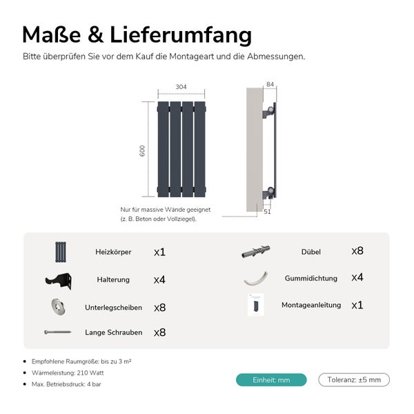 Maßzeichnung und Lieferumfang für Design Heizkörper inklusive Wandabstand und Montagezubehör in Millimeterangaben