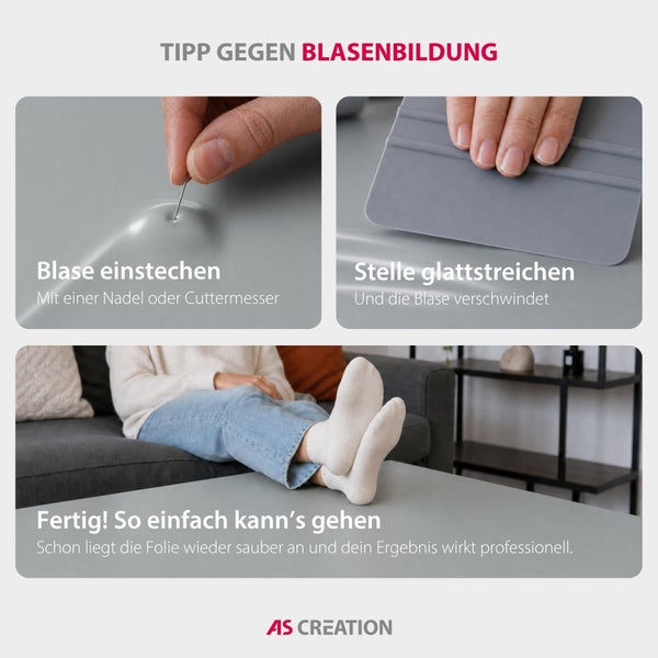 Anleitung zur Korrektur von Luftblasen bei Möbelfolie: Blase mit einer Nadel aufstechen, mit einer Rakel glattstreichen und glattes Endergebnis.