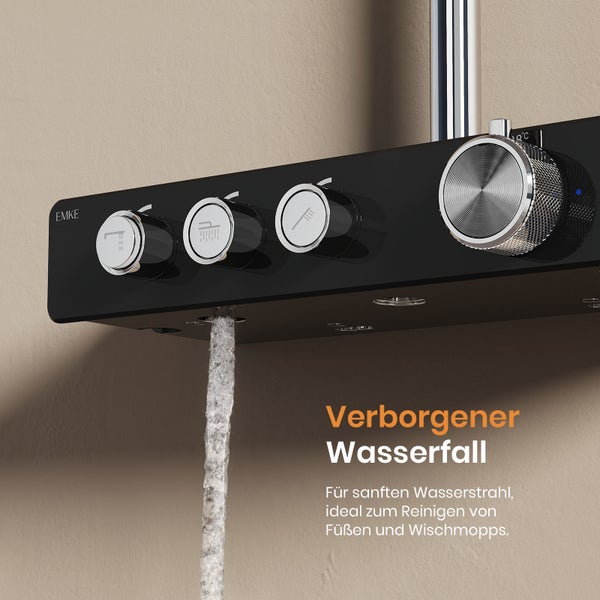 EMKE Duschsystem mit Thermostat, 355x400x1100 mm Regendusche & Handbrause mit 3 Strahlarten, höhenverstellbare 1100 mm Brausestange, 355 mm Auslauf, 1,5 m Schlauch, Chrom, Duscharmatur
