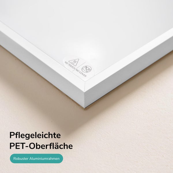 Infrarotheizung mit pflegeleichter PET Oberfläche und robustem Aluminiumrahmen inklusive Warnhinweisen.