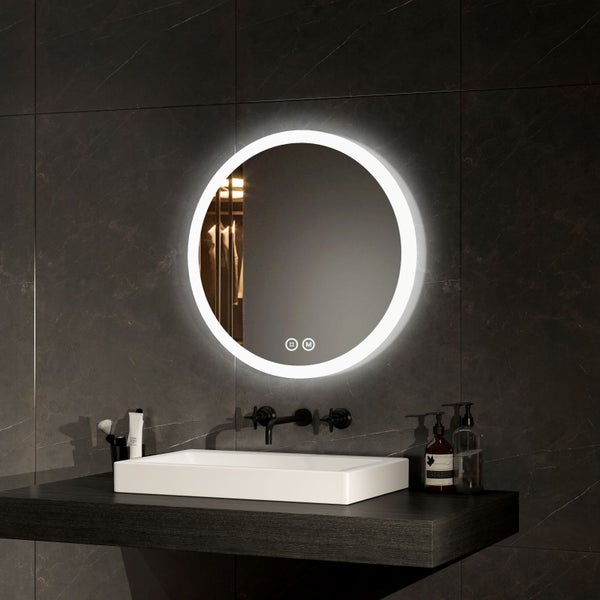 EMKE Badspiegel mit Beleuchtung Ø50 cm, rund, LED Wandspiegel, Touch-Schalter, dimmbar, Anti-Beschlag, 4 mm Glas, Memory, satiniert, rostfrei, für Badezimmer
