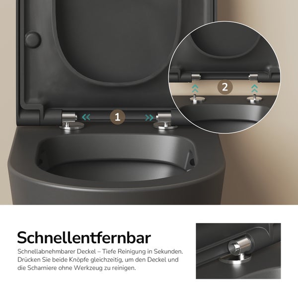 Nahaufnahme eines schwarzen WC-Sitzes mit Schnellverschlussfunktion