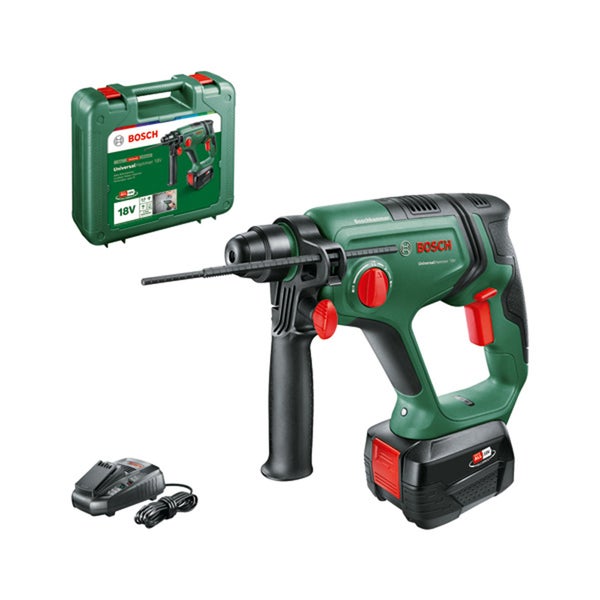 Bosch Akku Bohrhammer UniversalHammer 18V mit Zusatzhandgriff Tiefenanschlag Ladegerät und Akku im Kunststoffkoffer