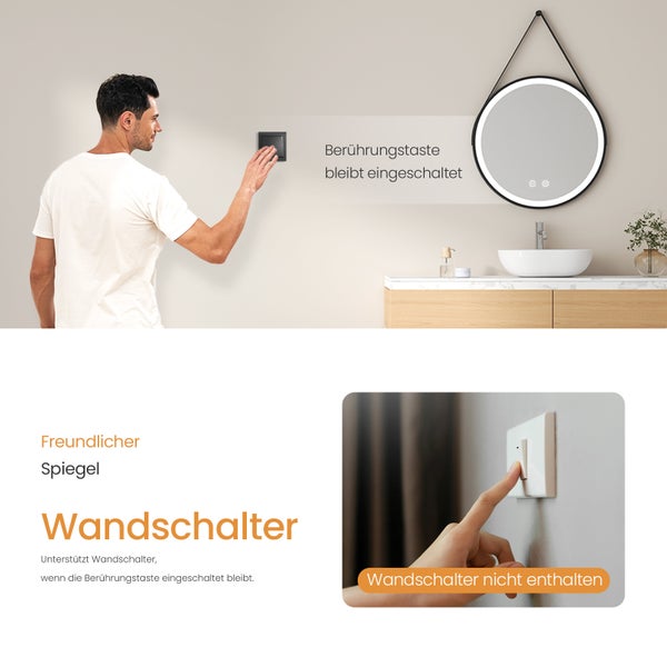 EMKE Badspiegel mit Beleuchtung ф60cm, Kaltweiß, Touchschalter & Antibeschlag, rostfreier Spiegel, für Badezimmer