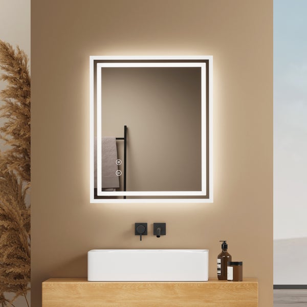 EMKE Badspiegel mit LED-Beleuchtung 60 x 50 cm, Kaltweiß 6500K, Touchschalter & Beschlagfrei, dimmbar, IP44, für Bad