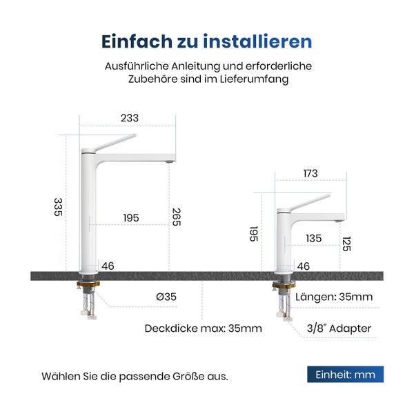 Zeichnung mit Maßangaben zu Armaturen