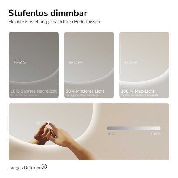 Infografik für einen Badezimmerspiegel mit stufenlos dimmbarer LED-Beleuchtung von 10 bis 100 Prozent, steuerbar über Berührungssensor.