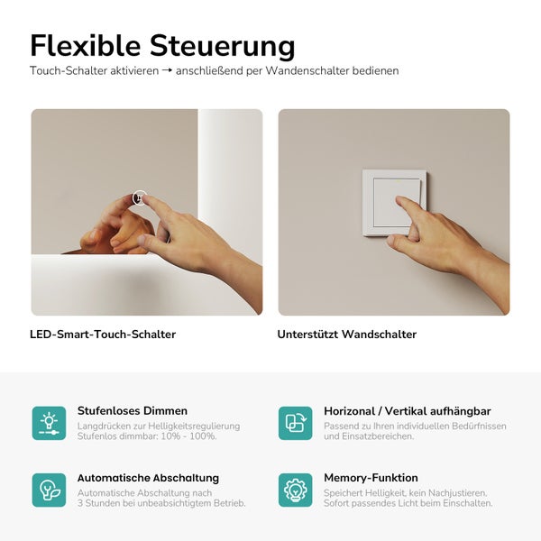 Produktinformationen zur flexiblen Steuerung eines LED Spiegels mit Touch Schalter, Wandanschluss, stufenlosem Dimmen und Memory Funktion.