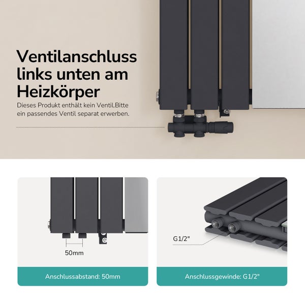 Detailansicht eines Heizkörpers mit Ventilanschluss links unten, einem Anschlussabstand von 50 Millimetern und einem Anschlussgewinde G 1/2 Zoll.