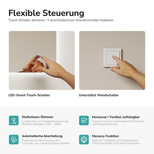 Infografik zeigt die Bedienung eines Spiegels per Touch-Schalter und Wand-Lichtschalter sowie Funktionen wie Dimmen und Abschaltautomatik.