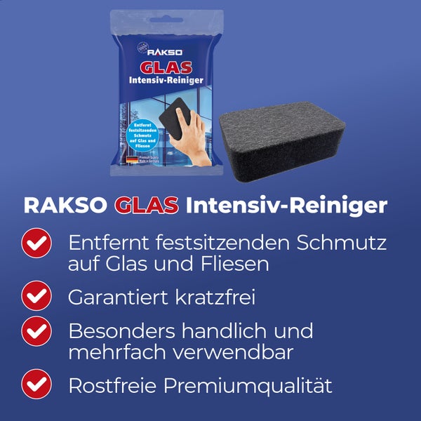 Rakso Glas Intensiv-Reiniger mit Reinigungsschwamm für hartnäckigen Schmutz auf Glas und Fliesen, garantiert kratzfrei und rostfrei.