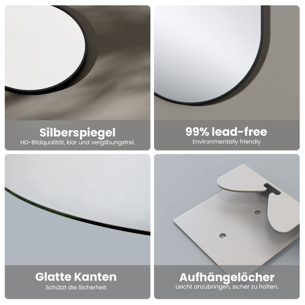 Collage mit Details eines runden Wandspiegels: Silberspiegel, bleifreies Glas, glatte Kanten und Montagehalterung auf der Rückseite.