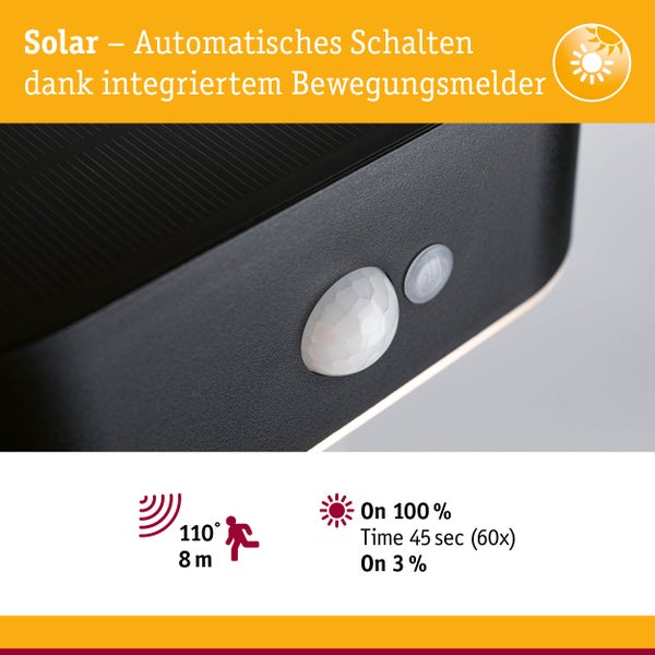 Solar LED Außenwandleuchte Adya Bewegungsmelder IP44 3000K 200lm Schwarz
