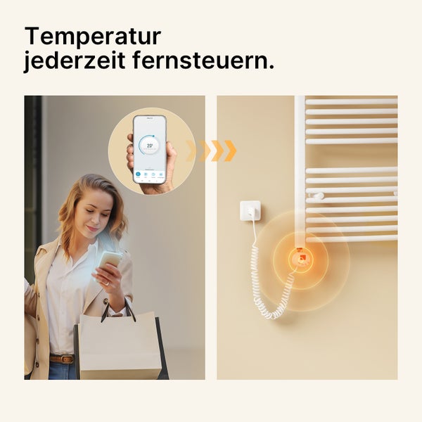 Frau steuert Temperatur eines Heizkörpers mit einer App ferngesteuert.