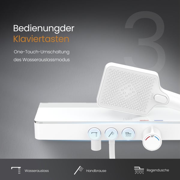 EMKE Duschsystem mit Thermostat, 3 Strahlarten, Überkopfbrause & Handbrause, Verbrühungsschutz, Wandmontage, 114,6 x 45 x 48 cm, mattweiß