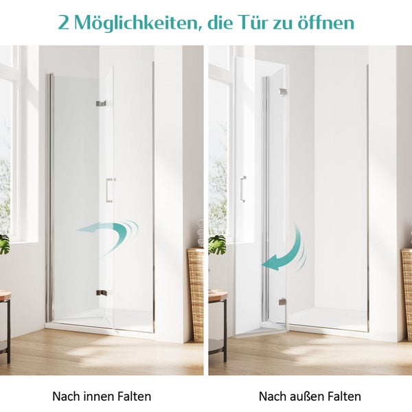 Duschkabine mit Glas-Falttür in einem hellen Badezimmer, die nach innen und nach außen gefaltet werden kann.