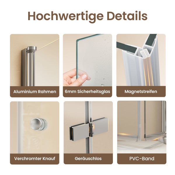 EMKE Duschkabine 75x90 cm Duschabtrennung 6mm ESG klares Sicherheitsglas Falttür Duschtür mit Seitenwand Höhe: 185cm