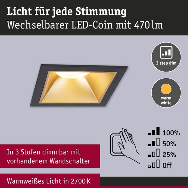 LED Einbauleuchte 3-Step-Dim Cole Coin 3er-Set IP44 eckig 88x88mm Coin 3x6W 3x470lm 230V dimmbar 2700K Schwarz, Gold matt