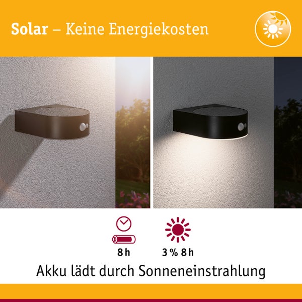 Solar LED Außenwandleuchte Eileen Bewegungsmelder IP44 3000K 400lm Schwarz