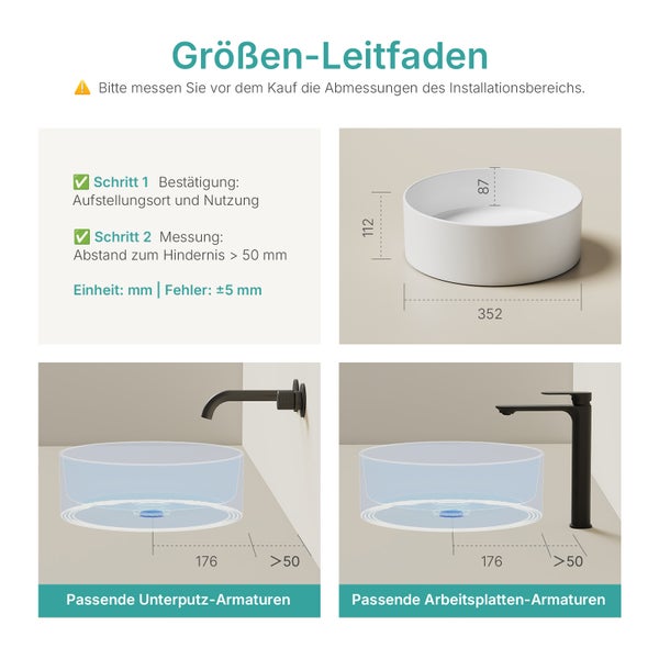 Größenleitfaden für ein Aufsatzwaschbecken mit Maßangaben und Installationshinweisen