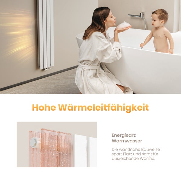 EMKE Designheizkörper 180×30 cm, Flachheizkörper, Vertikal, Doppellagig, Mittelanschluss, 911 W, Weiß, für Badezimmer